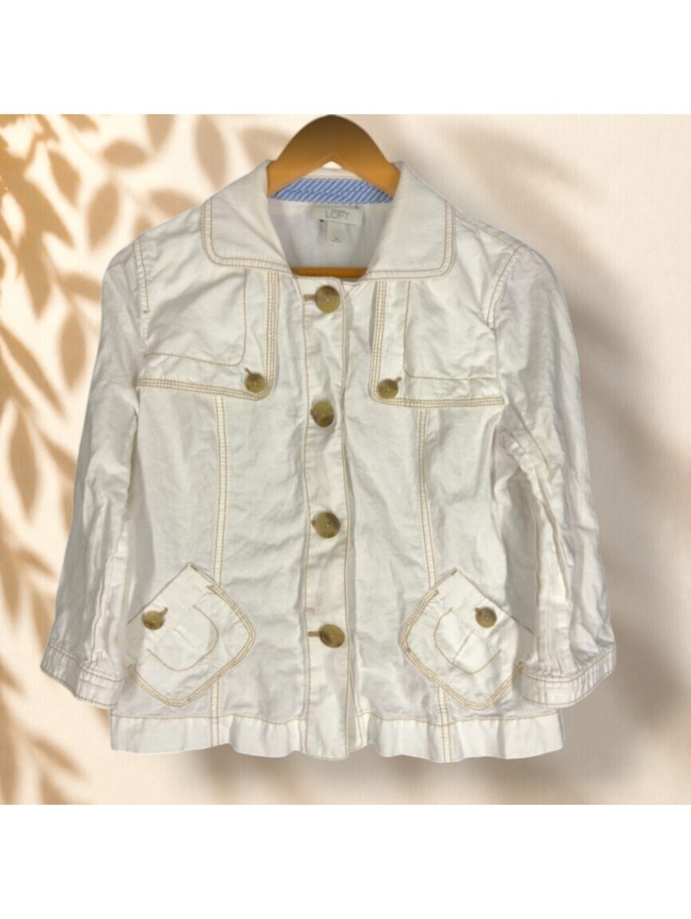 Loft Jacket Women M Medium White Button Up Collared Long Sleeve Pockest Casual